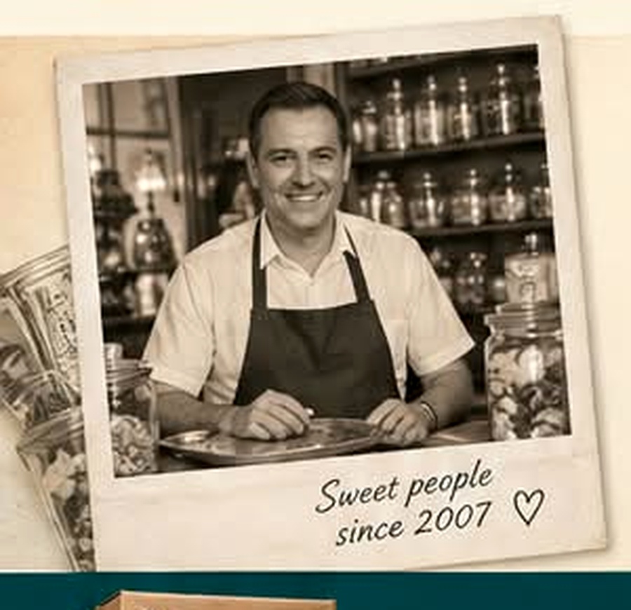 Candyman shopkeeper behind the sweet counter