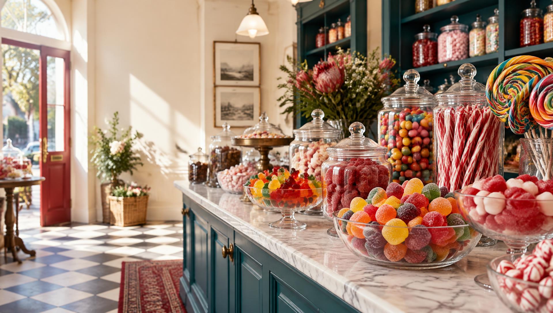 Colourful sweets displayed in a bright traditional sweet shop